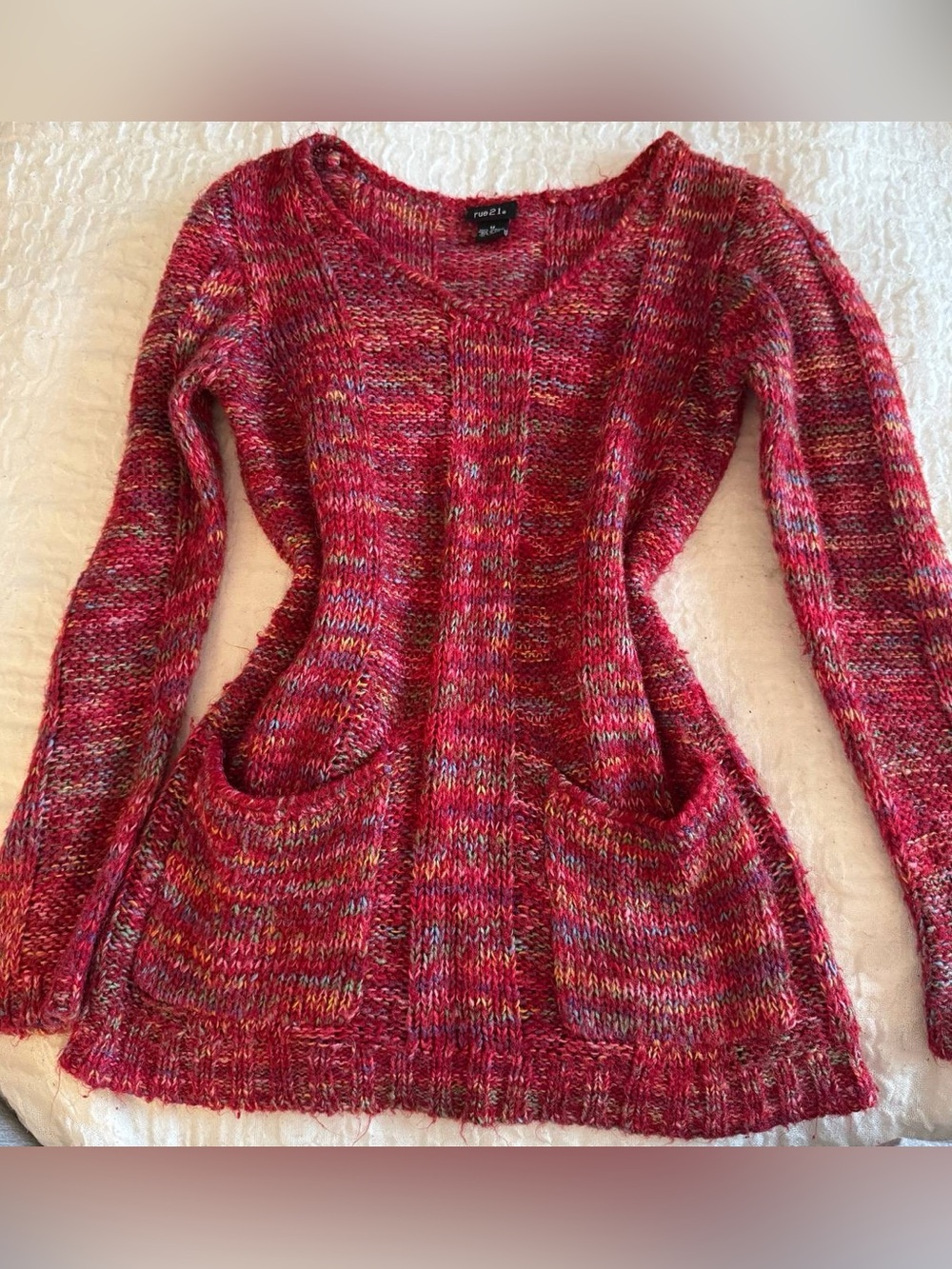 Rue21 Pink Red Multicolor V-Neck Knit Sweater with Pockets